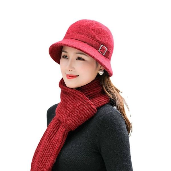 

beanies winter hat for women elegant wool blend bucket neck warm thick knitted cap scarf gloves 3 pc set mother gift