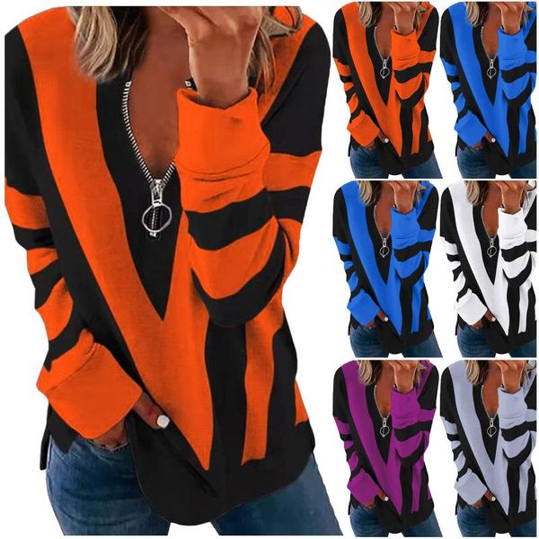 

women's blouses & shirts autumn winter ladies zipper v-shaped strip printing long-sleeved shirt blouse fashion female streetwear clouth, White
