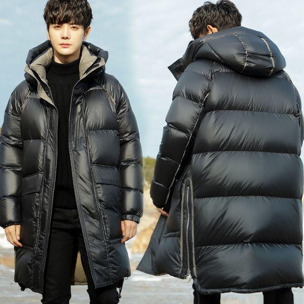 

men down jacket long winter youth parka thick coat fashion 95% white duck down clothes, Black