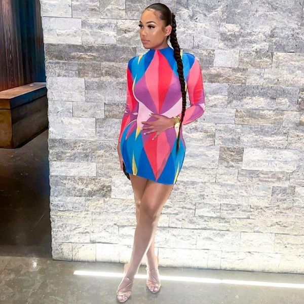 

casual dresses geometric pattern streetwear package hip dress women half high neck long sleeve skinny early autumn waist shaped, Black;gray