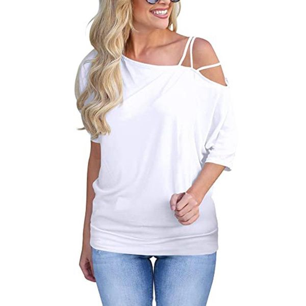 

women's t-shirt summer loose solid color sling slant shoulder top, White