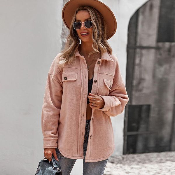 

women's jackets jacket solid autumn winter long sleeve pockets buttons ladies casual fleece loose turn down collar female 2021, Black;brown