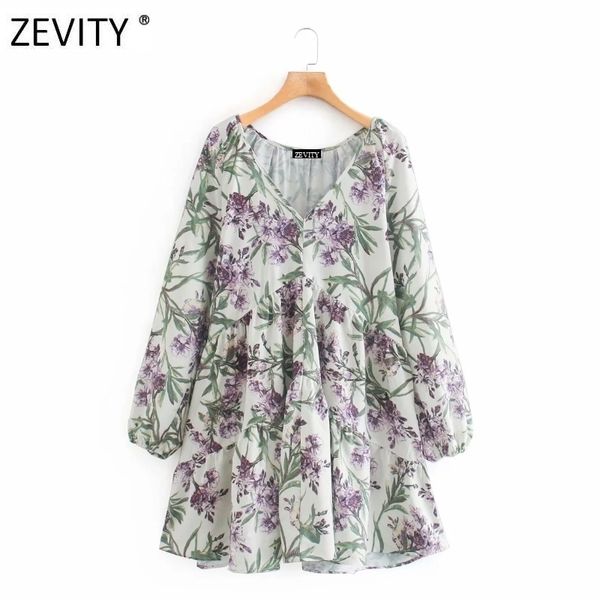 

zevity women elegant v neck lantern sleeve printing casual loose a line mini dress ladies vestidos chic vacation dresses ds4208 210316, Black;gray