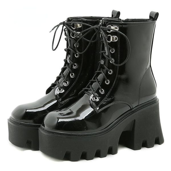 

boots patent leather ankle thick heeled arrival platform motorcycle women rubber sole street walk, Black