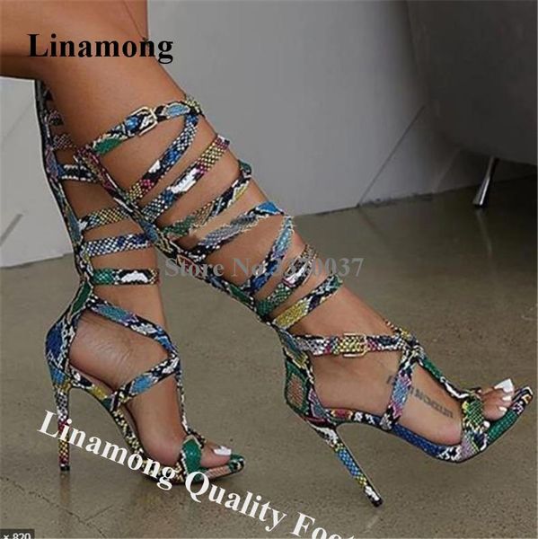 

boots linamong summer snake leather knee high stiletto heel gladiator strap cross long sandal dress heels, Black