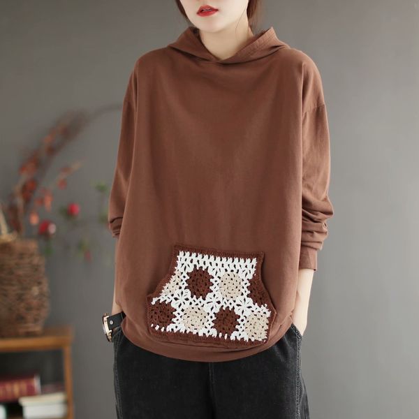 

2021 new spring autumn trendy women large size pocket patchwork long sleeve hooded sweatshirt office lady casual chic pullover t6u3, Black