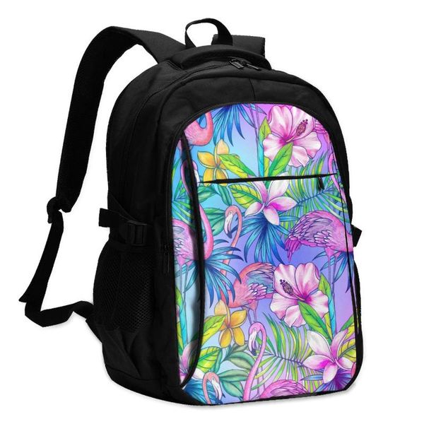 

backpack usb boys cycling sports travel versatile fashion neon tropical botanical flamingos and palms student school
