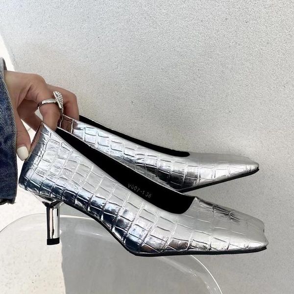 

dress shoes fashion women pumps silver/black square toe shallow slip on thin high heels office female party 35-39