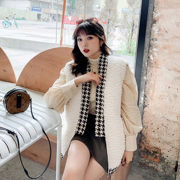 

2021 new women's autumn and winter korean large v-neck temperament fashion multi-function splicing cool soft wool vest j5dc, Black;white