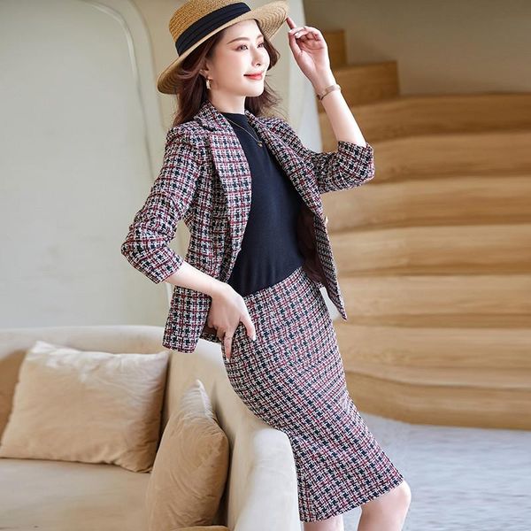 

two piece dress elegant plaid office ladies formal women business suits with skirt and jackets coat professional ol styles blazers set plus, White