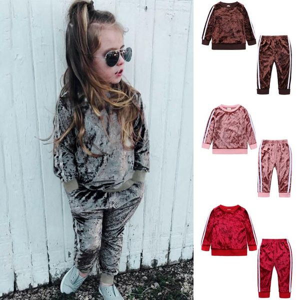 

clothing sets 6m-4t girls velvet t-shirt+pants set o neck long sleeve stripe pullover tee boys solid color home clothes, White