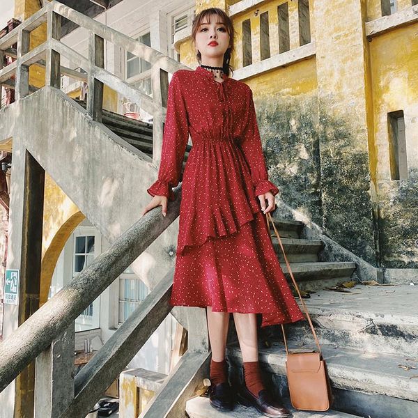 

casual dresses 2021 korean spring summer irregular dress vintage cake floral women's mid-length chiffon b94, Black;gray