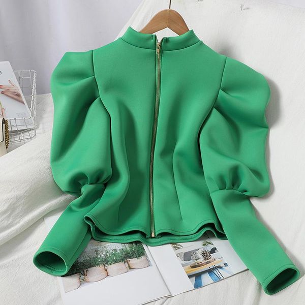 

casual green blouse for women puff sleeve zipper female loose outerwear autumn fashion woman blouses, White