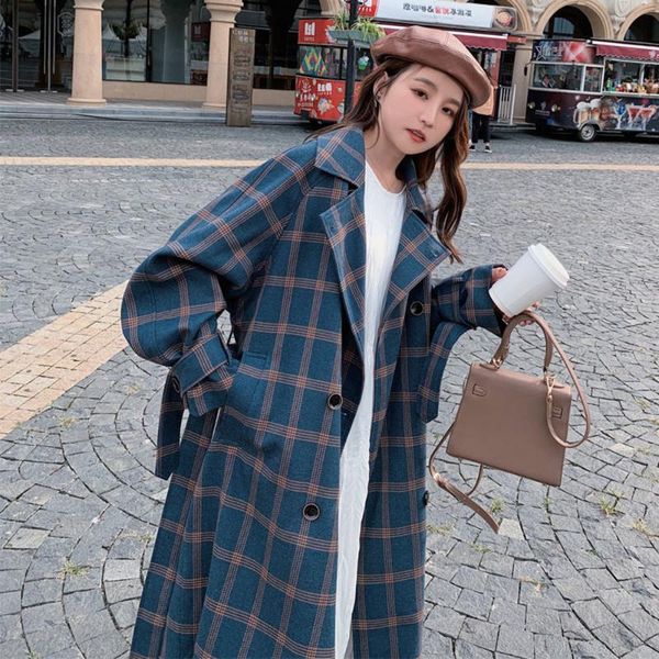

women's trench coats plaid coat for women thicken spring autumn korean loose slim over the knee blue windbreaker plus size warm out, Tan;black