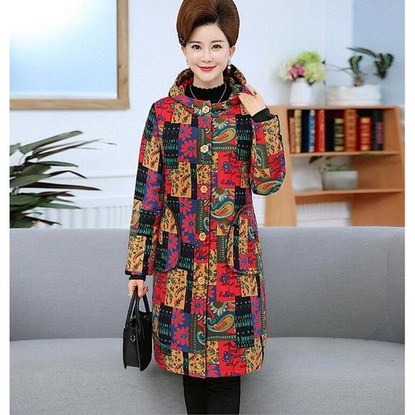 

women's trench coats mother loaded cotton fashion large size loose printed linen winter coat long hooded plus velvet thick warm parker, Tan;black