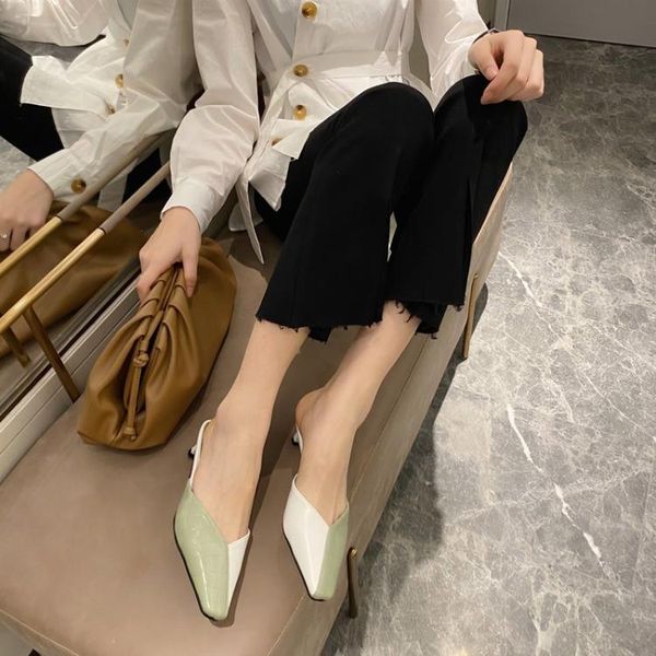 

thin heels female shoes slippers soft square toe low multicolored sandals luxury slides 2021 comfort cover designer fabric casua, Black