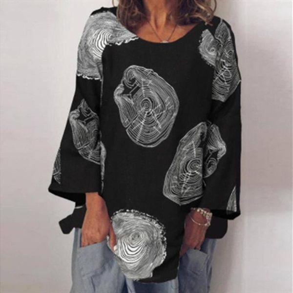 

women's blouses & shirts 40#blouses clothing casual loose long-sleeved cotton linen shirt printed female tunic office lady plus size, White