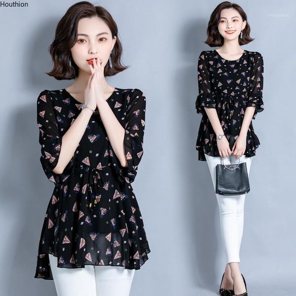 

women's blouses & shirts houthion sleeve blouse floral chiffon fashion casual o-collar 2021 summer half o-neck shirt, White
