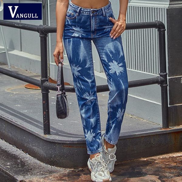

women's jeans vangull flower printted spring straight trouserse streetwear high waisted female fashion ladies denim pants, Blue