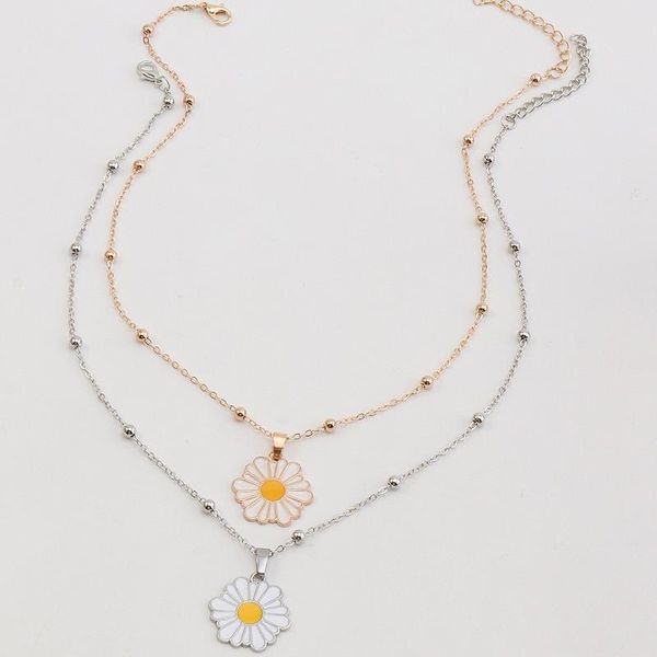 

chains 2pcs fashion summer vacation necklace metal geometric flowers daisy pendant chain clavicle short women jewelry, Silver