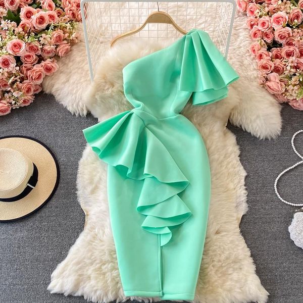 

casual dresses vestidos mujer verano 2021 diagonal collar ruffles slim dress backless suspender sexy, Black;gray
