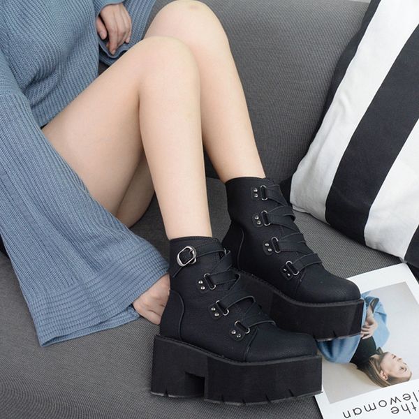 

414243 size plus size dark goth metal punk womens shoes spring and autumn rock buckle serrated platform muffin ankle boots women 328-3, Black
