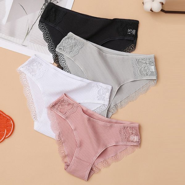 

salablewomen plus size katoen mid-taille streep kant panties multicolor explosion models lower white female 05, Black;pink