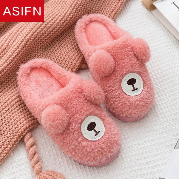 

slippers asifn fur ears women's cute cartoon animal women winter warm plush home fluffy slides cotton house shoes, Black