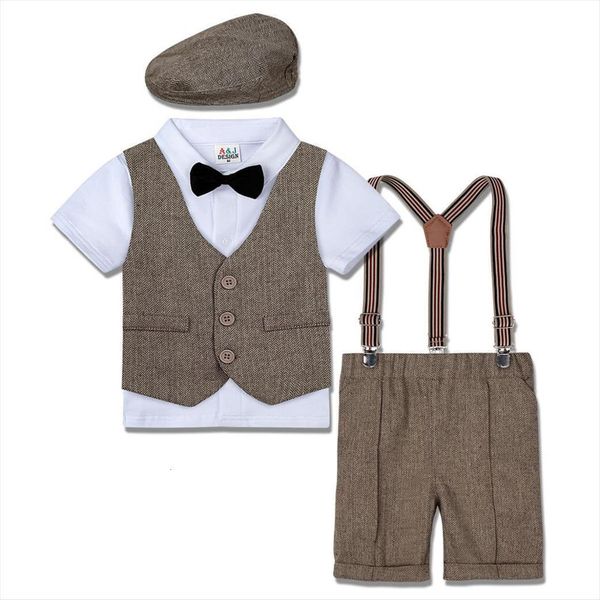 

baby wedding suit boys gentleman outfit infant baptism tuxedo toddler birthday party clothing set bow tie suspender overall, White
