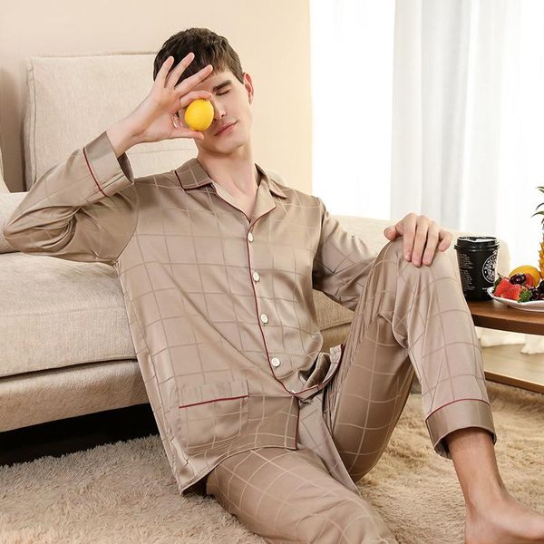 

mens pajamas spring summer ice silk long sleeve homewear thin section simulation silk plaid gold color korean set men nightwear, Black;brown