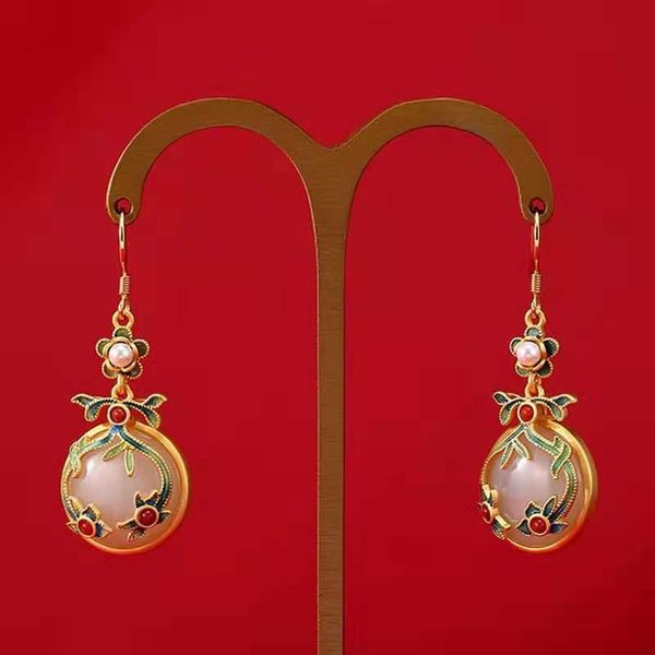 

dangle & chandelier ancient heritage craft retro elegant gilt enamel inlay and nephrite earrings women folk-custom, Silver