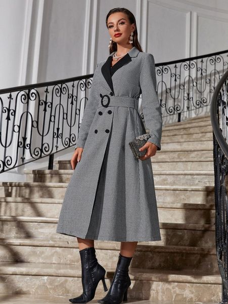 

houndstooth lapel collar double breasted belted tweed overcoat b1vl#, Black