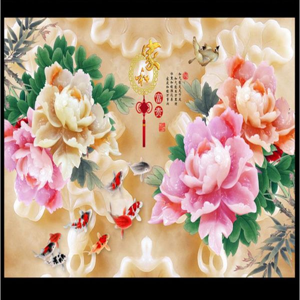 

wallpapers 3dcustomized wallpaper mural chinese style natural scenery with peony flower jade carving behind sofa as background livingroom