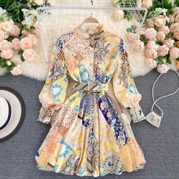 

runway fashion print vintage women dress elegant stand collar long sleeve mini shirt with belt, Black;gray