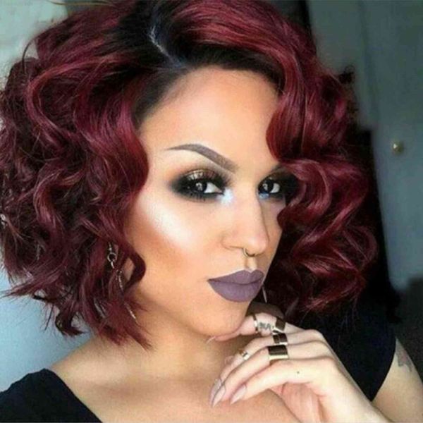 

wig female side sub short curly hair wine red chemical fiber heaear overseas, Black