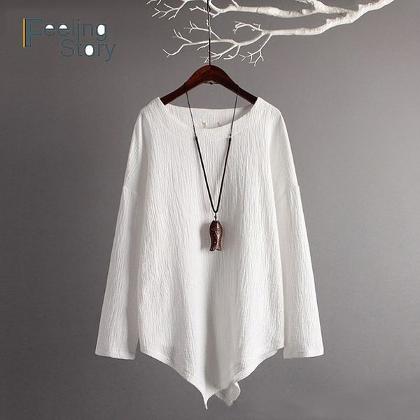 

plus size 4x 5x cotton linen blouses spring long sleeve shirts asymmetric irregular casual loose camisa feminina 210603, White