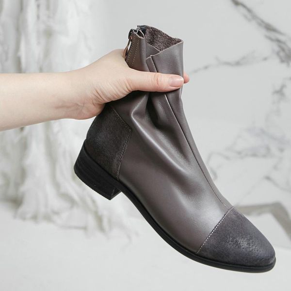 

boots eshtonshero shoes woman women ankle flat heels leather pointed toe zipper grey ladies motorcycle sock size 3-12, Black