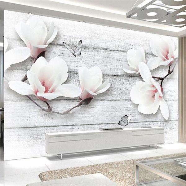

wallpapers drop po wallpaper 3d stereo magnolia flowers butterfly wood grain murals tv sofa wall home decor paper