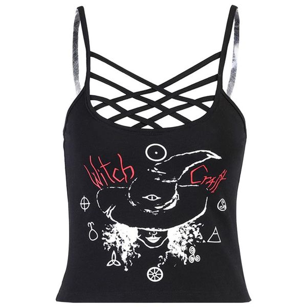 

bras sets women witch print strappy sleeveless crop t-shirt clubwear ladies casual spaghetti strap camisole vest for halloween, Red;black