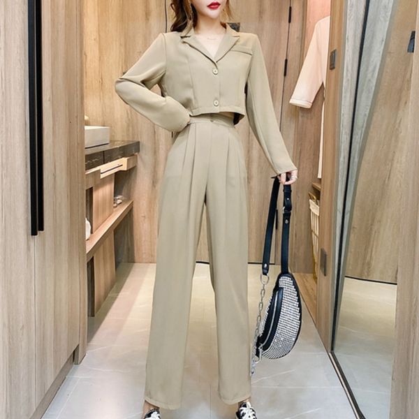 

2021 spring autumn new korean casual 2 piece set women crop + long pants suits elegant female office lady ensemble femme 56ug, Black;brown
