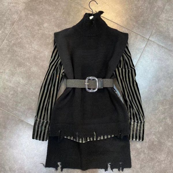 

2021 new spring arrival long black sleeve striped shirt high mesh waistcoat vest two female ensemble pieces uxqk, Gray