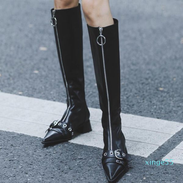 

boots front zipper winter women knee high knight botas mujer female shoes chunky bota feminina pointy botines zapatos, Black