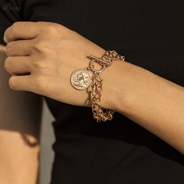 

aomu korea ot buckle retro round hip hop exaggerated punk portrait thick chain bracelet for female jewelry gifts, Black