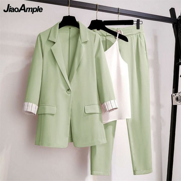 

women's pants set spring autumn suit jacket suspenders trousers three-piece korean elegant blazers coat pantsuit 211116, White