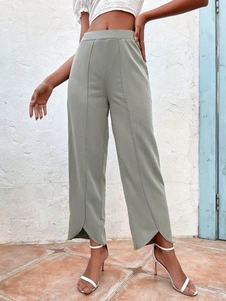 

seam detail asymmetrical hem pants b89y#, Black;white