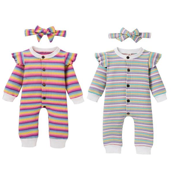 

jumpsuits born baby girl fall outfit 0-18m infant boy colorful striped long sleeve ruffle romper+headband 2pcs clothes set, Blue