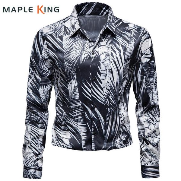 

men's casual shirts formal wedding for men luxury korean clothes leaves print long sleeve mens social bussines dress party shir, White;black