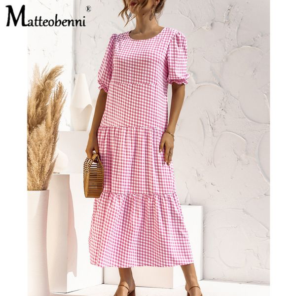 

2021 new women summer plaid polka dot print maxi o neck short sleeve ruffles elegant beach party es vintage vestido l2if, Black;gray