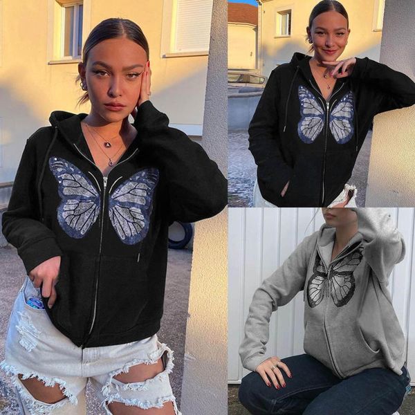 

women's hoodies & sweatshirts y2k gothic sweatshirt oversized hoodie women autumn zip up long sleeve coat female 90s vintage e-harajuku, Black