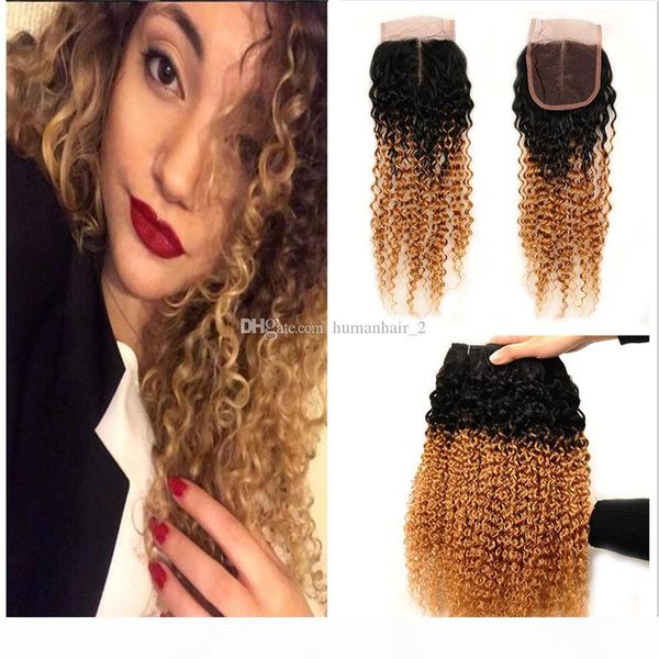 

honey blonde kinky curly hair bundles deals with lace closure 1b 27# color ombre hair weaves with 4x4 part lace closure, Black;brown